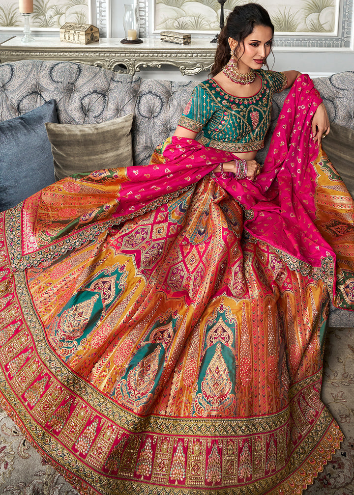 Green & Pink Banarasi Silk Lehenga with Zarkan Coding work