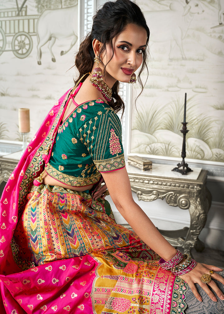 Green & Pink Banarasi Silk Lehenga with Zarkan Coding work