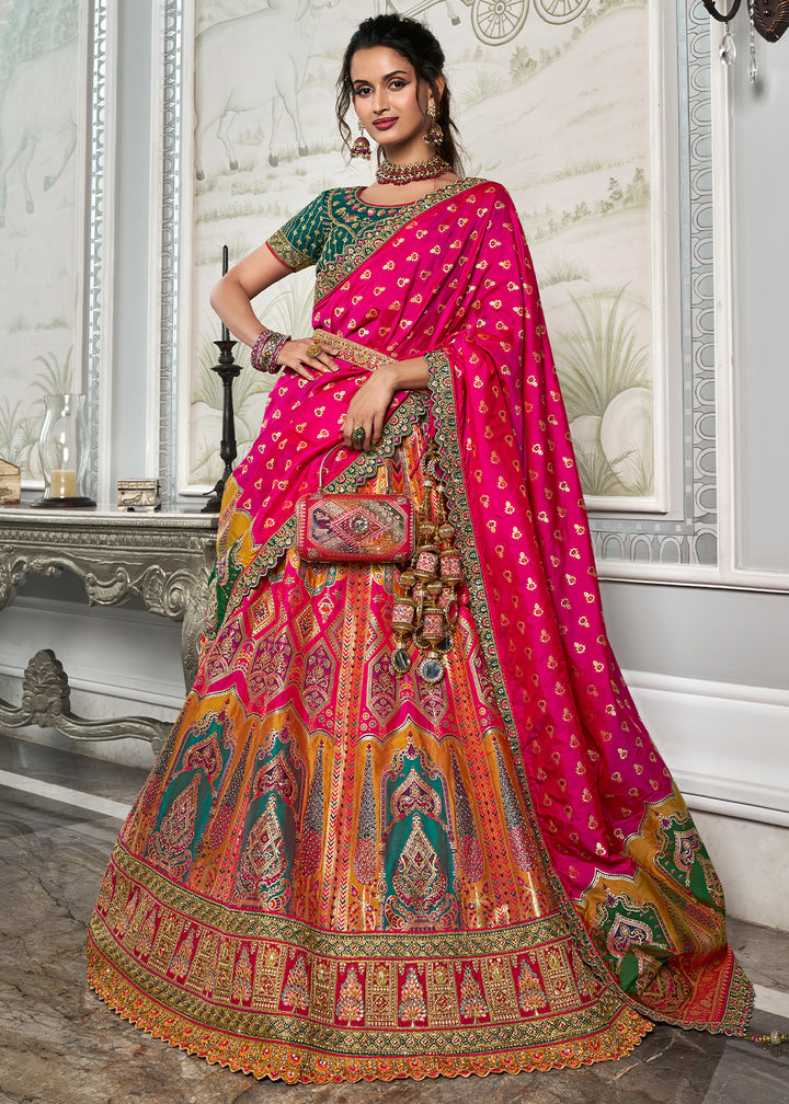 Green & Pink Banarasi Silk Lehenga with Zarkan Coding work