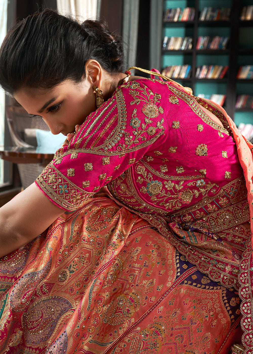 Coral Pink Banarasi Silk Lehenga with Zarkan Coding work