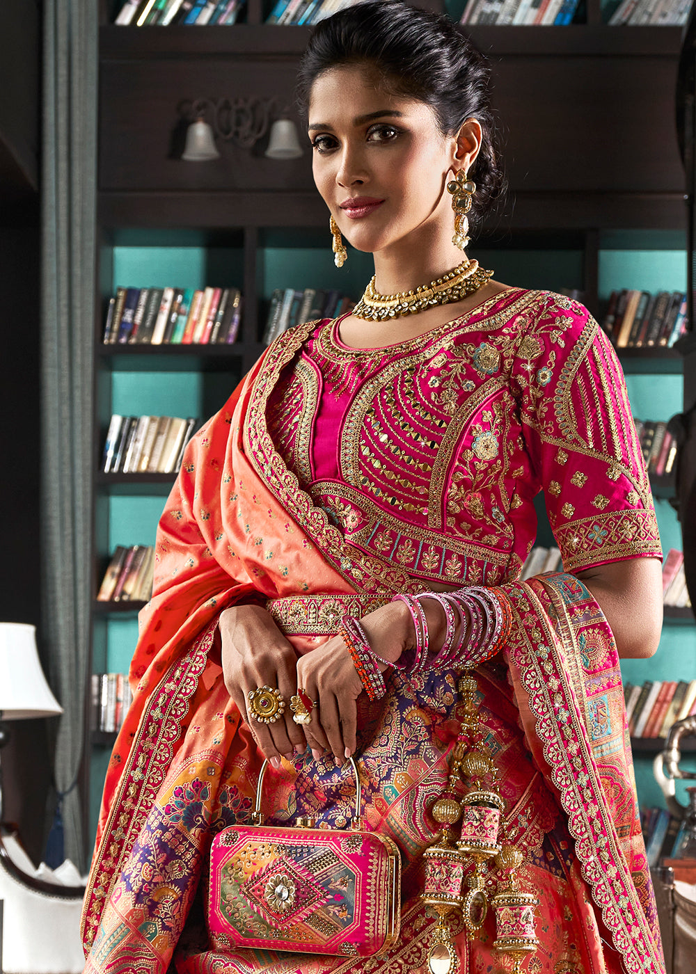 Coral Pink Banarasi Silk Lehenga with Zarkan Coding work