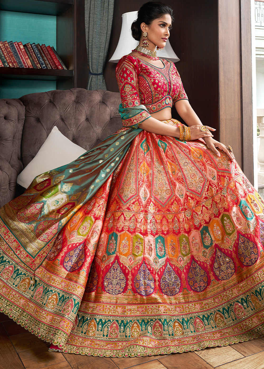 Shades Of Pink & Green Banarasi Silk Lehenga with Zarkan Coding work