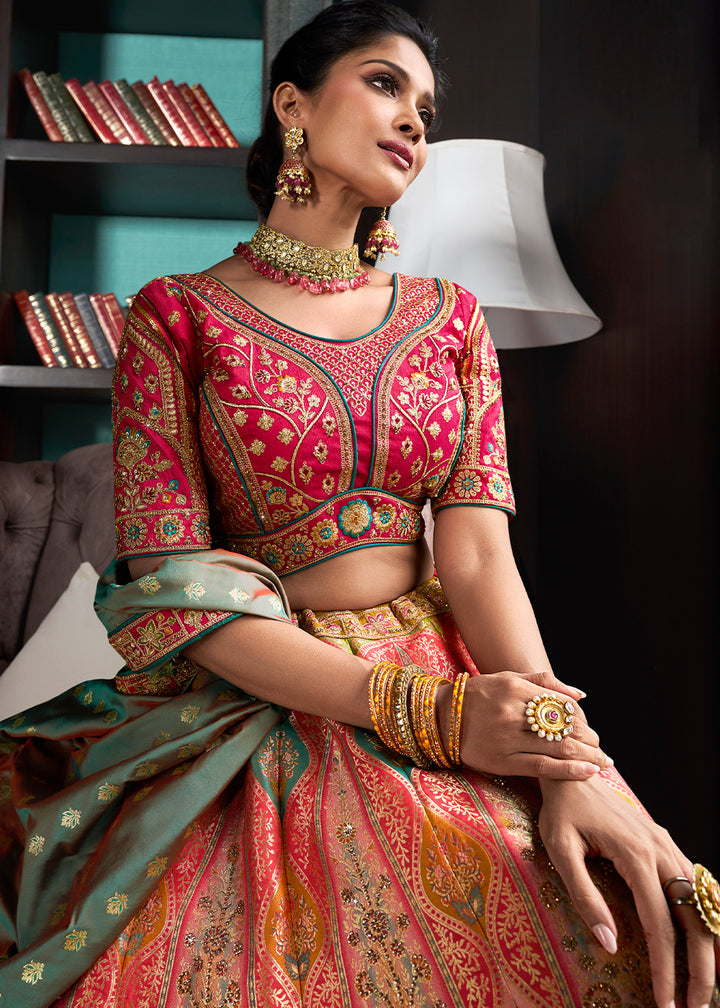 Shades Of Pink & Green Banarasi Silk Lehenga with Zarkan Coding work