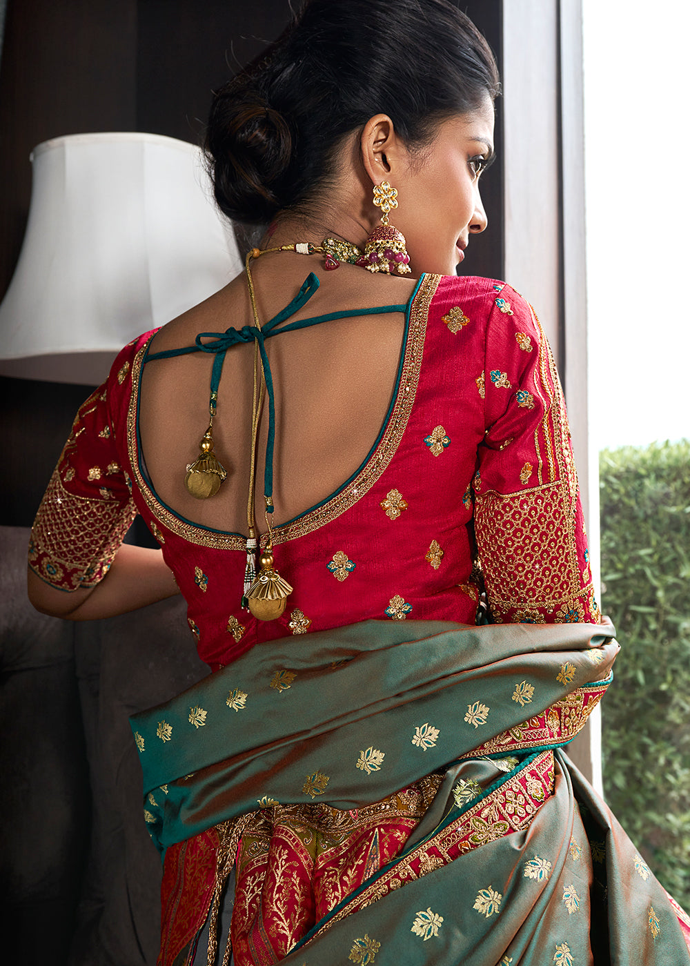 Shades Of Pink & Green Banarasi Silk Lehenga with Zarkan Coding work