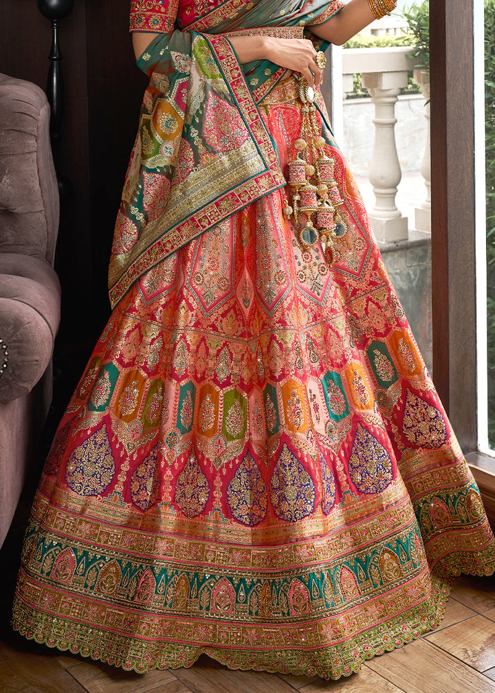 Shades Of Pink & Green Banarasi Silk Lehenga with Zarkan Coding work