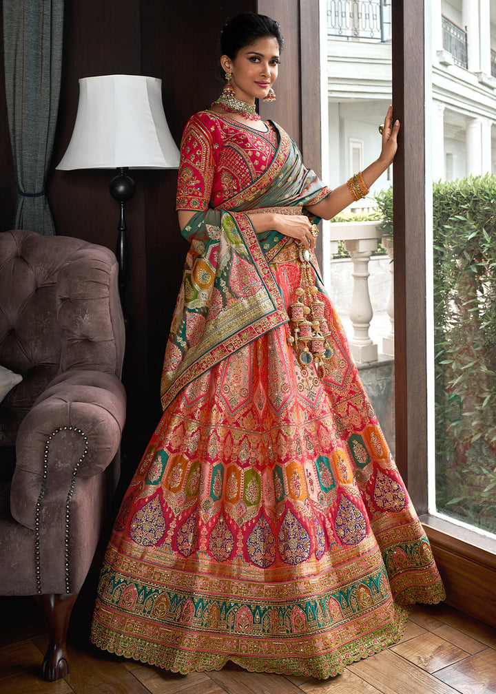 Shades Of Pink & Green Banarasi Silk Lehenga with Zarkan Coding work