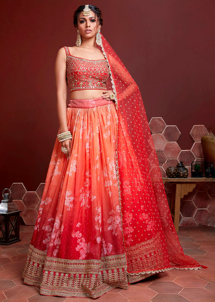 Shades Of Red & Orange Digital Printed Organza Silk Lehenga & Heavy Embroidery with Swaroski