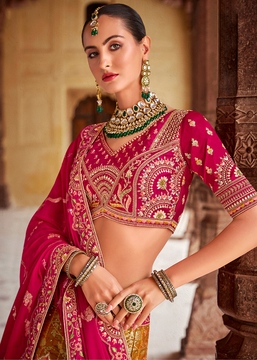 Hot Pink & Green Banarasi Silk Lehenga Choli with Zarkan, Sequins & Thread Work