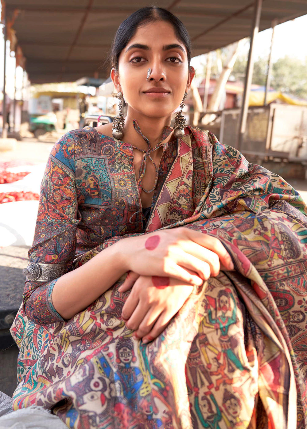 Blue & Red Silk Saree Featuring Madhubani Art