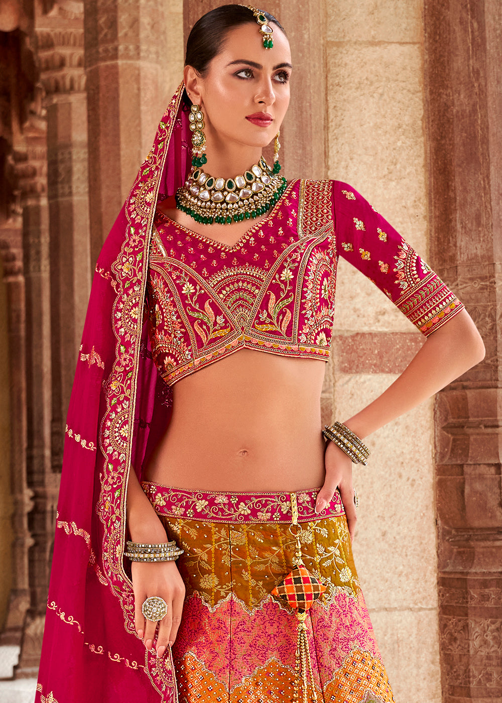 Hot Pink & Green Banarasi Silk Lehenga Choli with Zarkan, Sequins & Thread Work