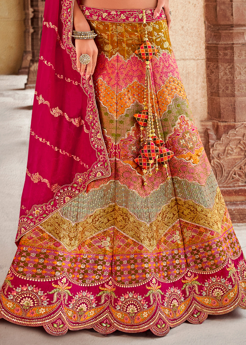 Hot Pink & Green Banarasi Silk Lehenga Choli with Zarkan, Sequins & Thread Work