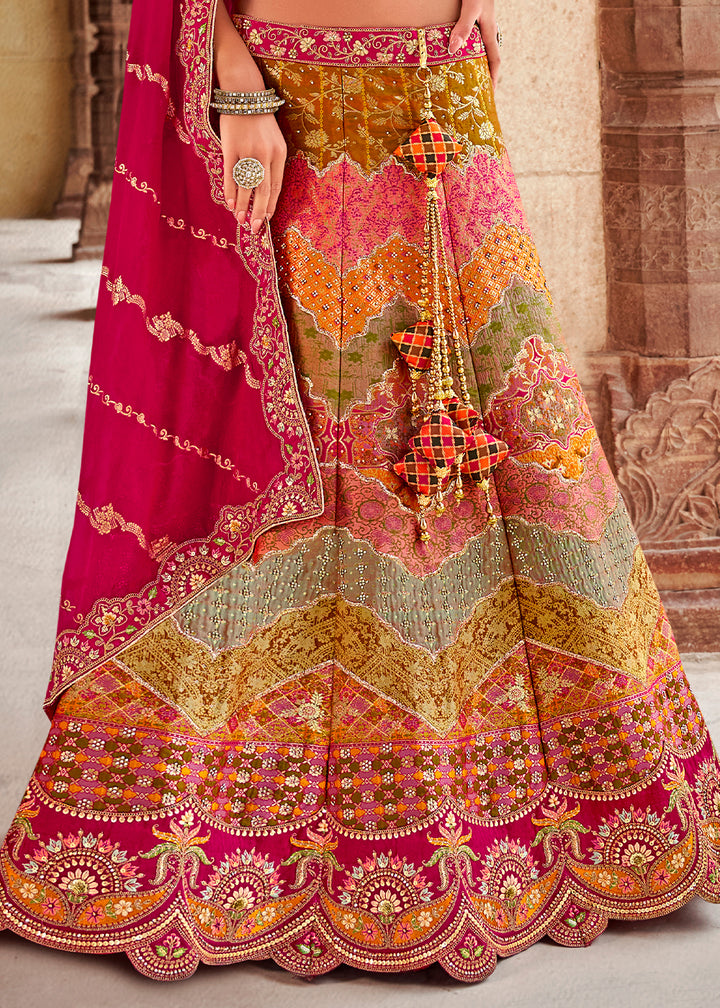 Hot Pink & Green Banarasi Silk Lehenga Choli with Zarkan, Sequins & Thread Work