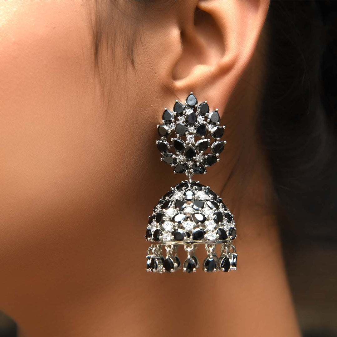 Jhanvi Black Silver Plated American Diamond Jhumki