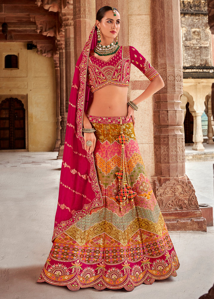 Hot Pink & Green Banarasi Silk Lehenga Choli with Zarkan, Sequins & Thread Work