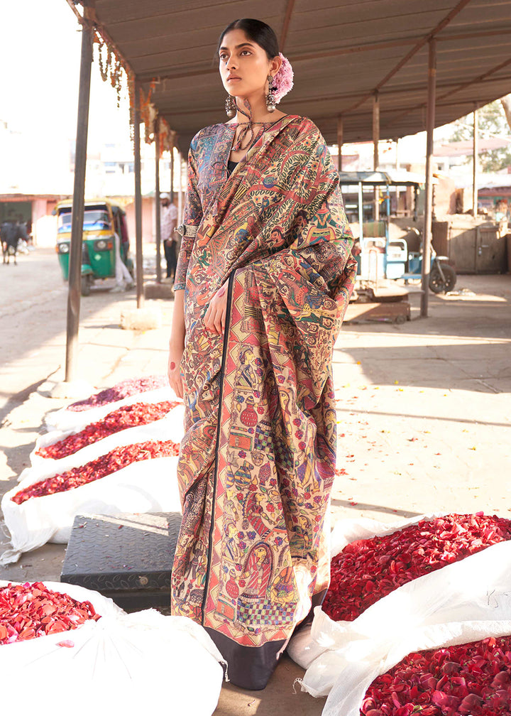 Blue & Red Silk Saree Featuring Madhubani Art