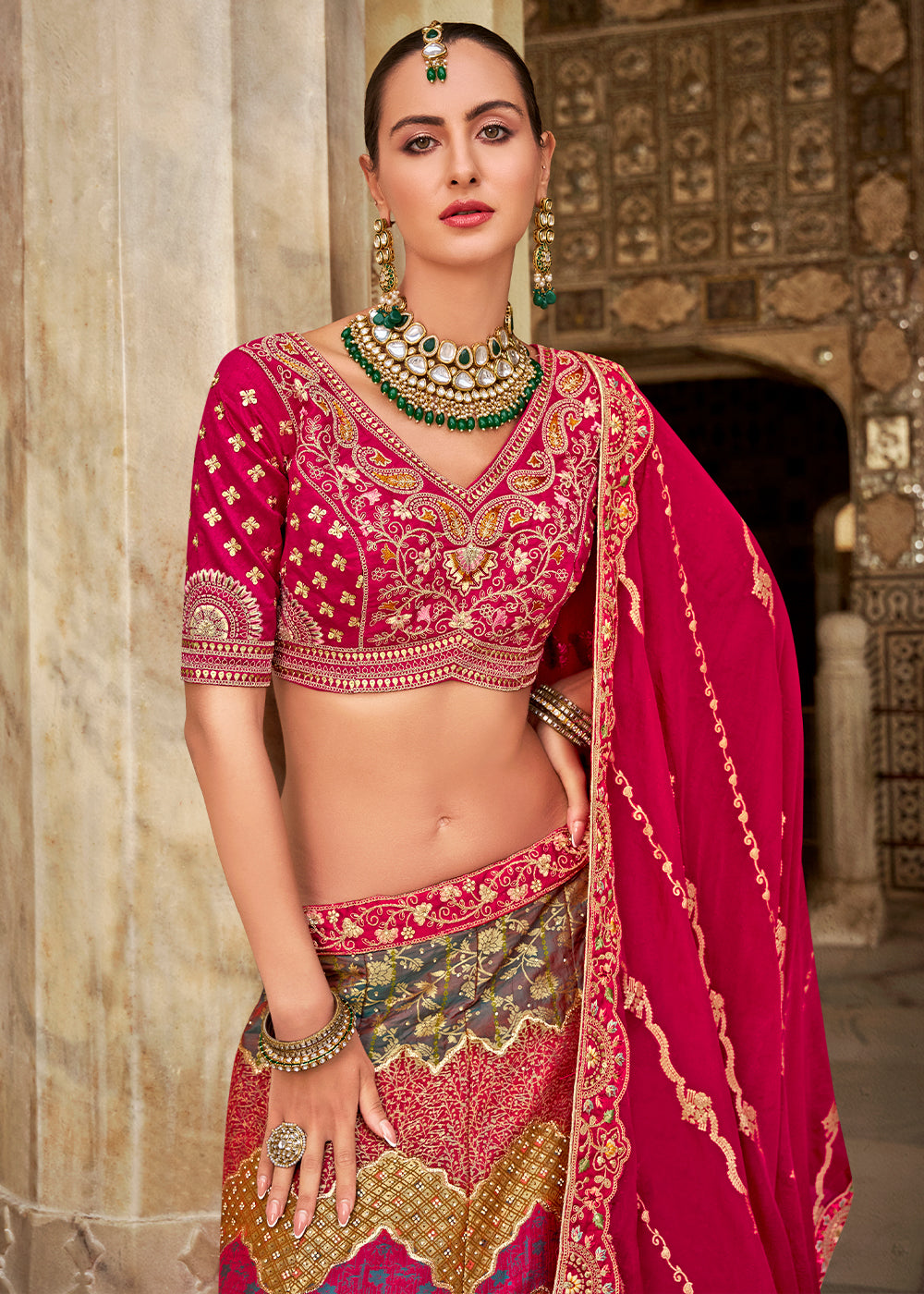 Ruby Pink Banarasi Silk Lehenga Choli with Zarkan, Sequins & Thread Work