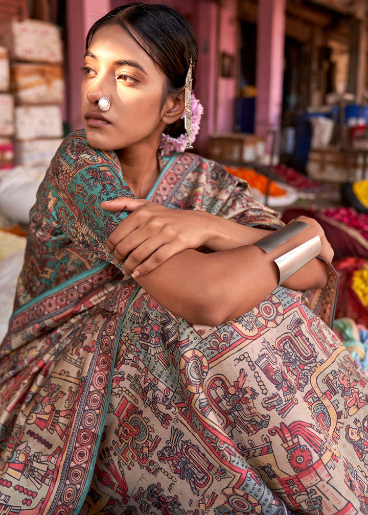 Blue & Brown Silk Saree Featuring Madhubani Art