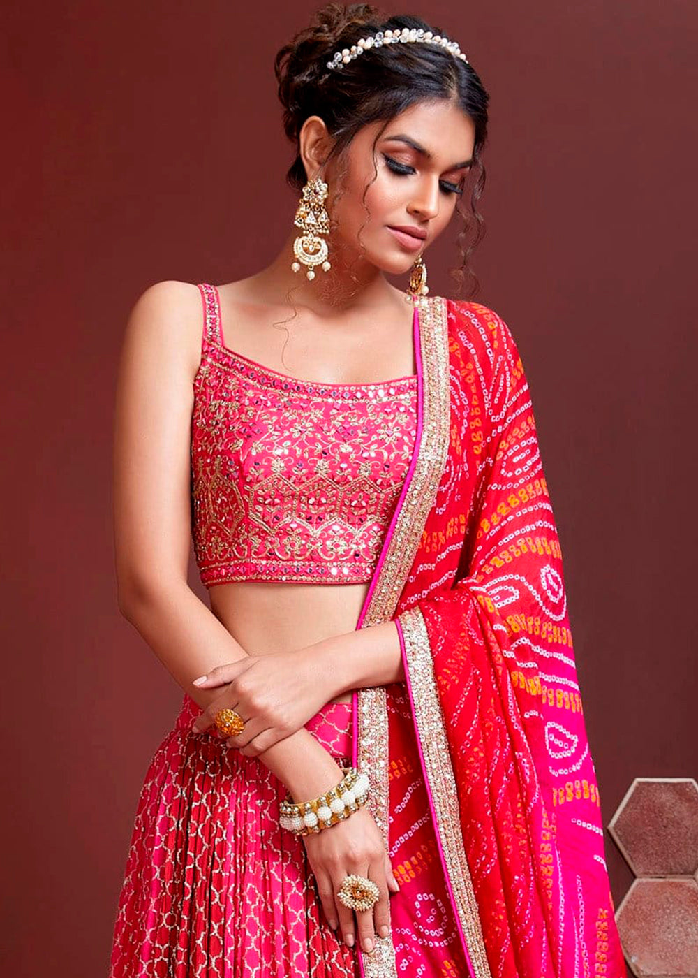 Barbie Pink Digital Printed Chinon Silk Lehenga & Heavy Embroidery with Swaroski & Mirror work