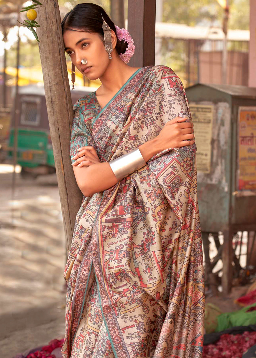 Blue & Brown Silk Saree Featuring Madhubani Art