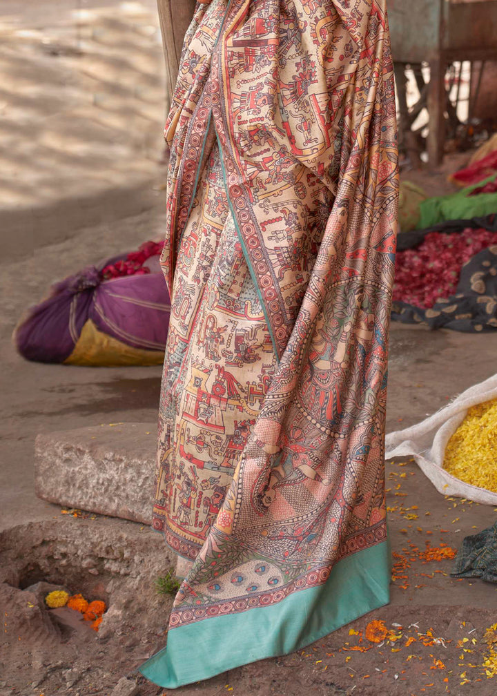 Blue & Brown Silk Saree Featuring Madhubani Art