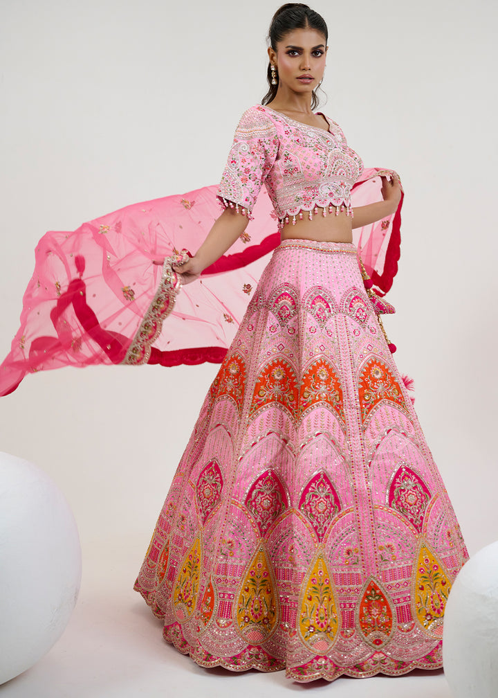 Shades Of Pink Silk Lehenga Choli with Intricate Hand Embroidery work: Wedding Edition