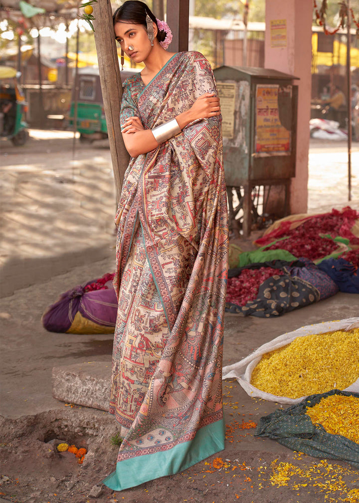 Blue & Brown Silk Saree Featuring Madhubani Art