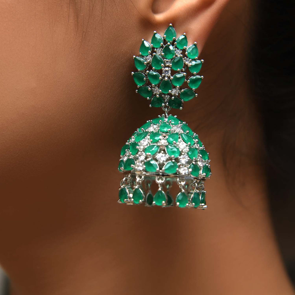 Jigyasa Green Emerald Silver Plated American Diamond Jhumki