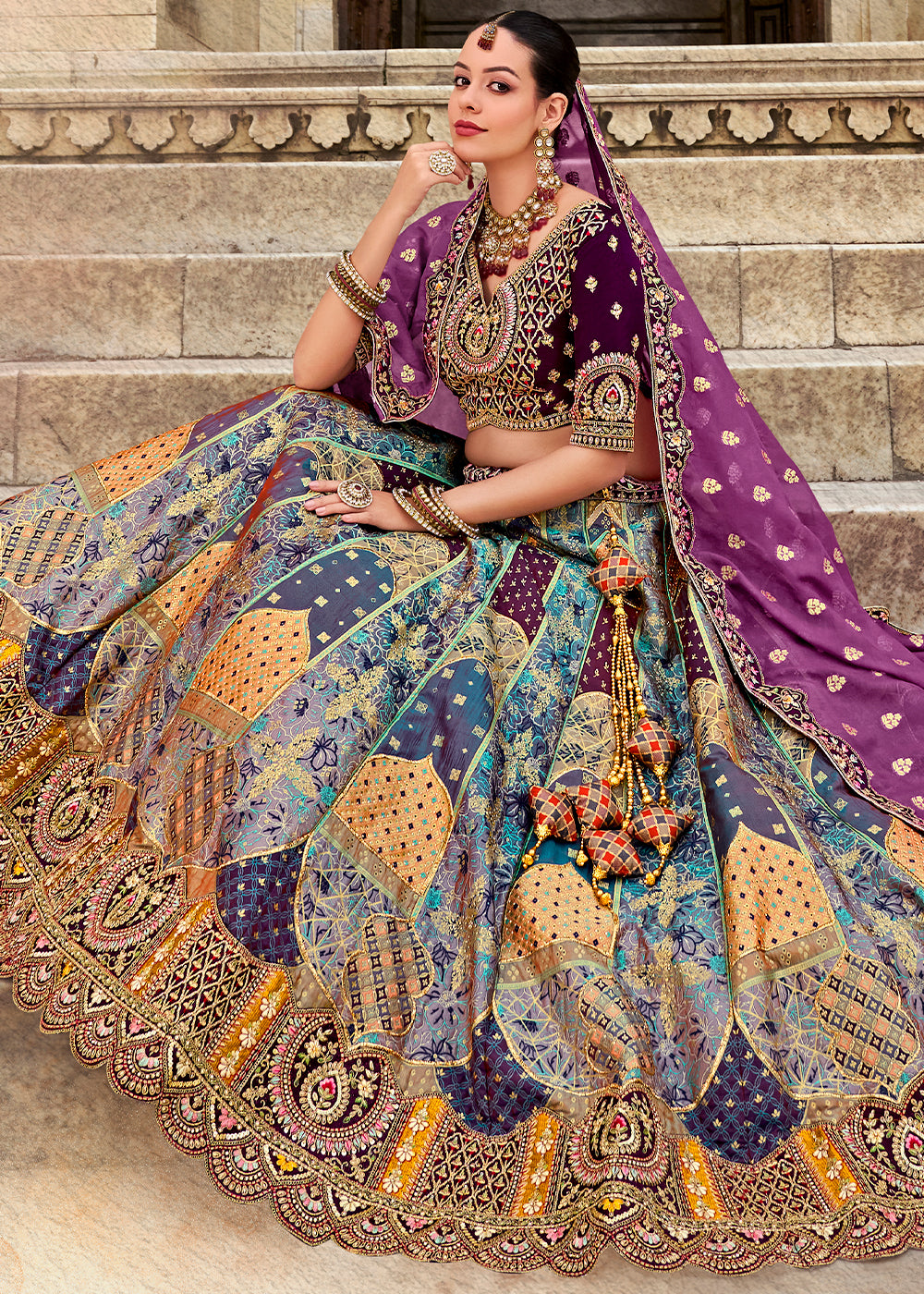 Purple & Blue Banarasi Silk Lehenga Choli with Zarkan, Sequins & Thread Work