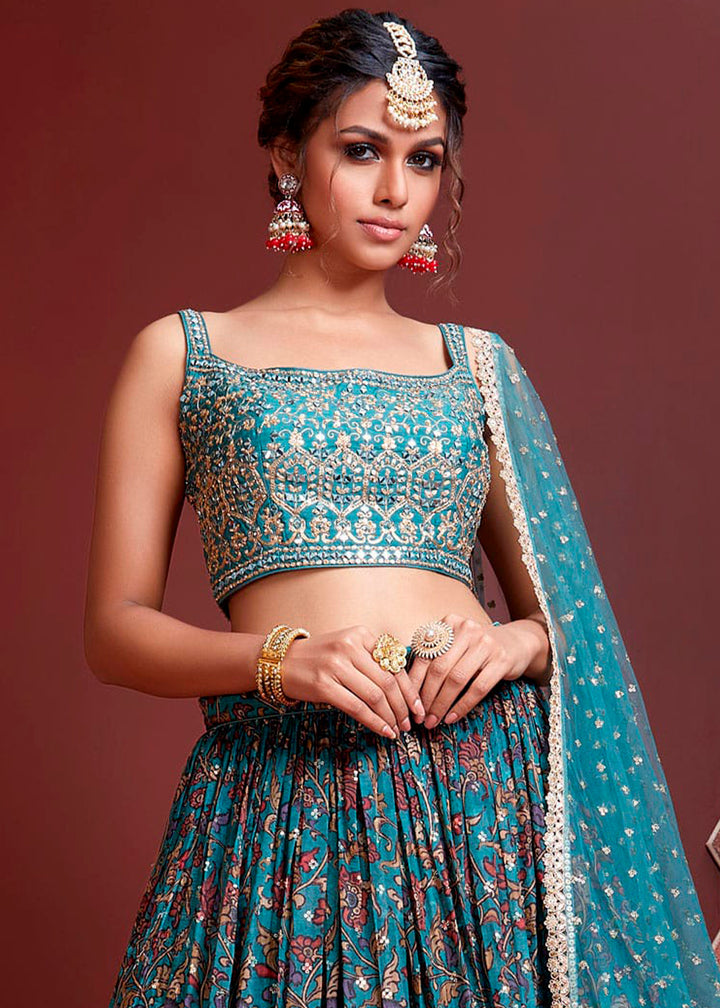 Shades Of Blue Digital Printed Chinon Silk Lehenga & Heavy Embroidery with Mirror work