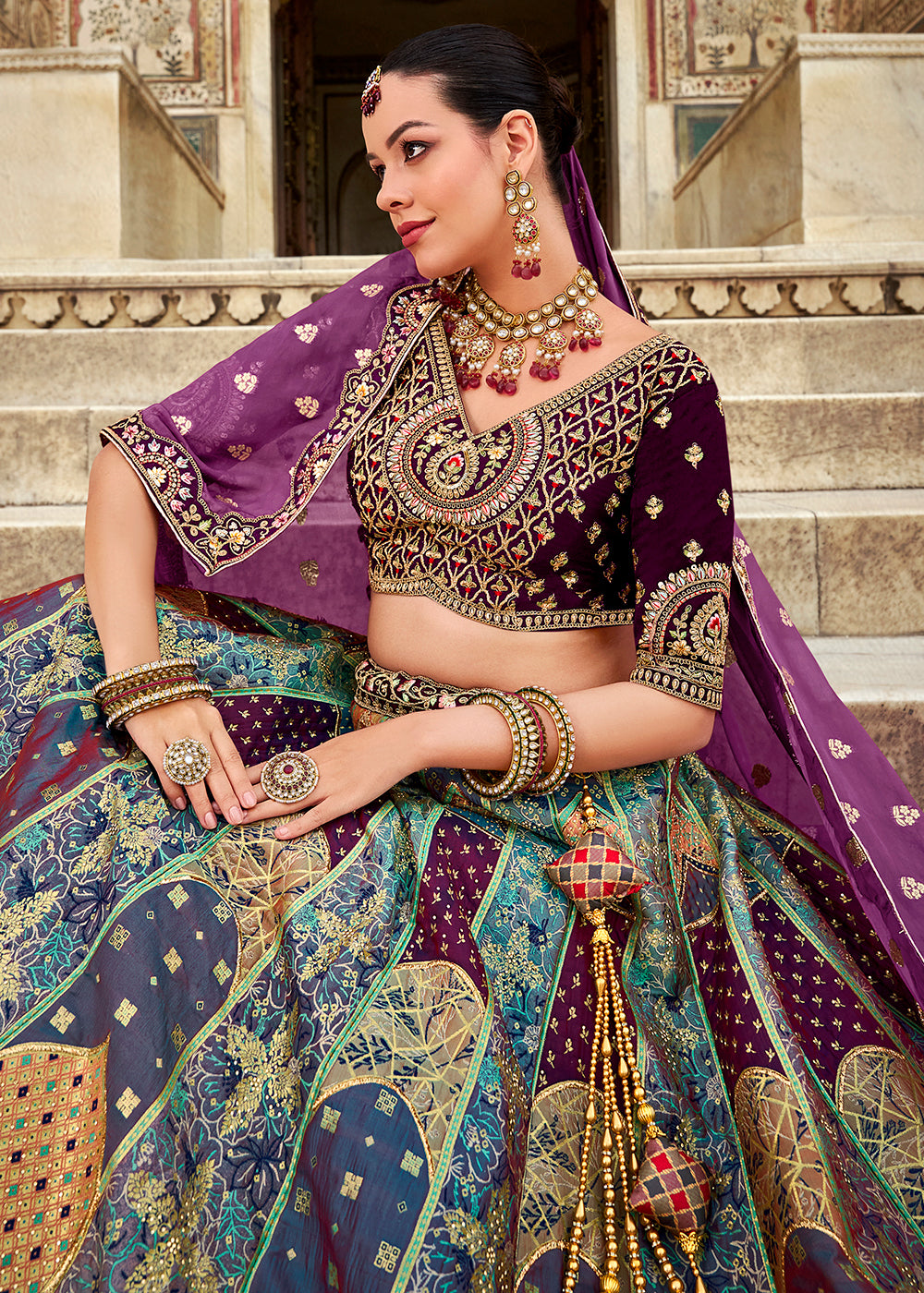 Purple & Blue Banarasi Silk Lehenga Choli with Zarkan, Sequins & Thread Work