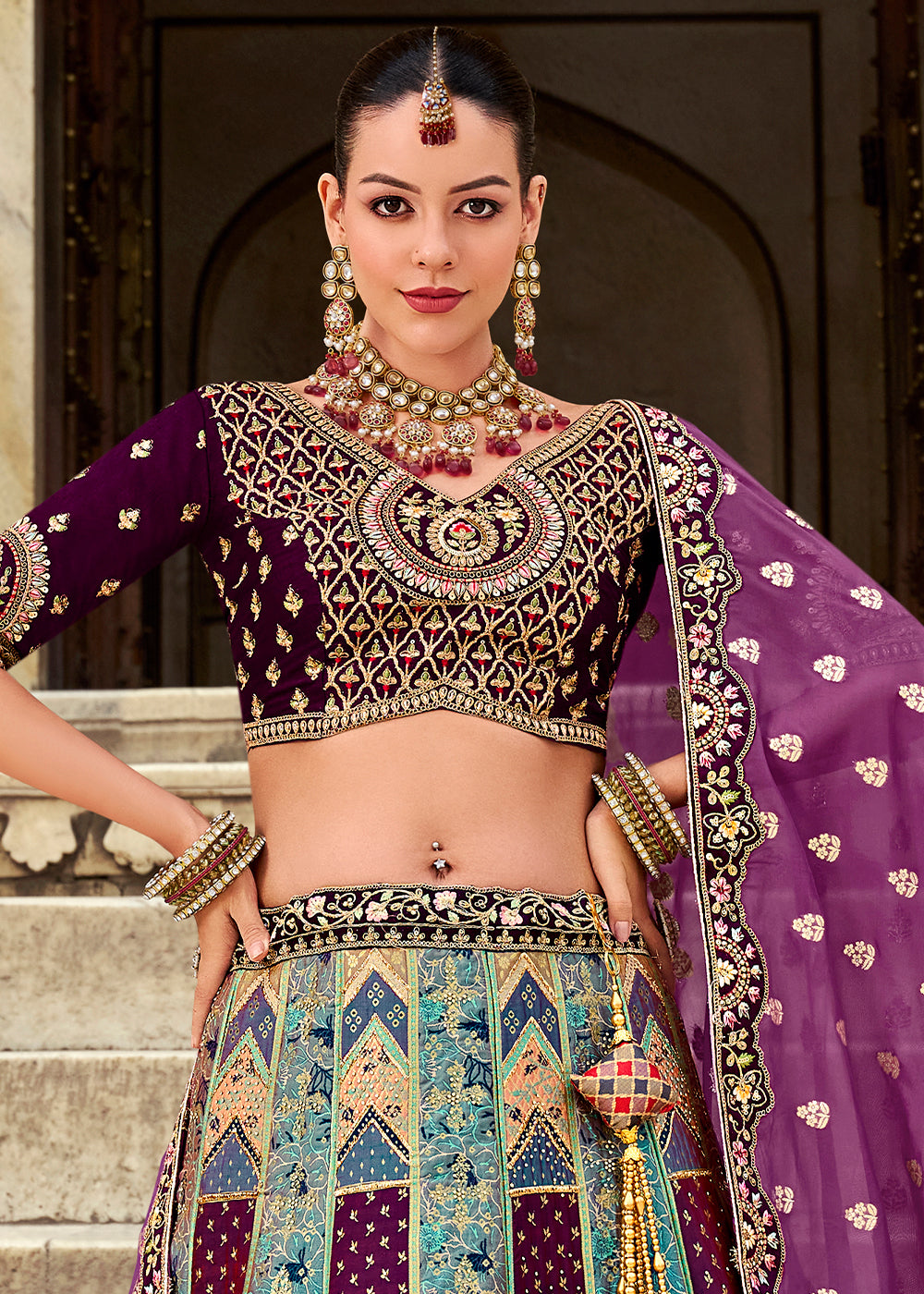 Purple & Blue Banarasi Silk Lehenga Choli with Zarkan, Sequins & Thread Work