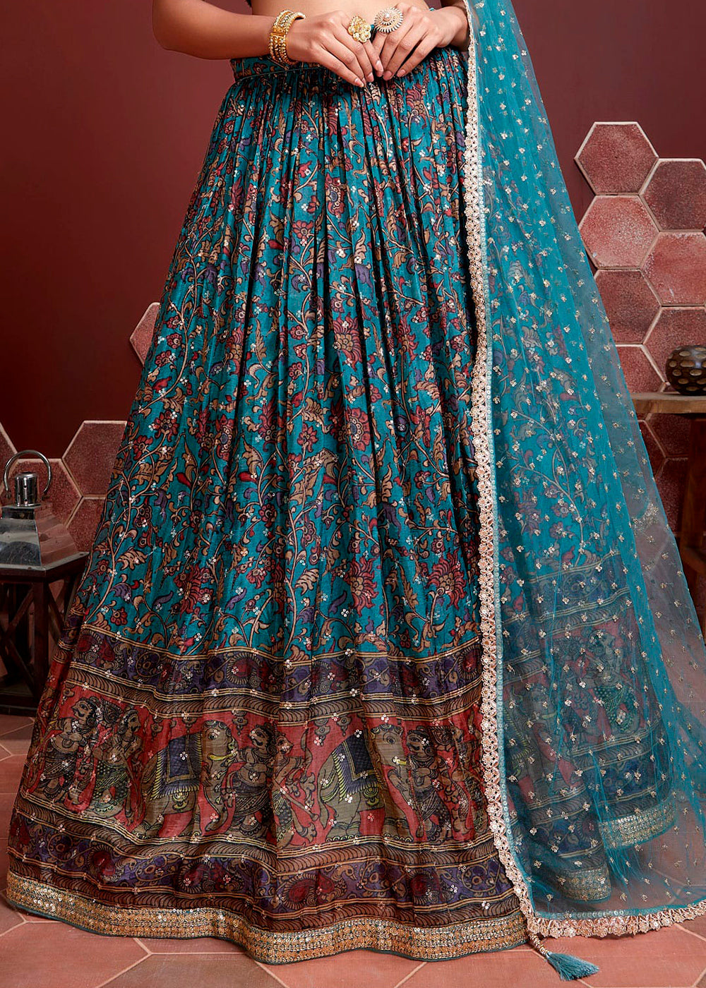 Shades Of Blue Digital Printed Chinon Silk Lehenga & Heavy Embroidery with Mirror work