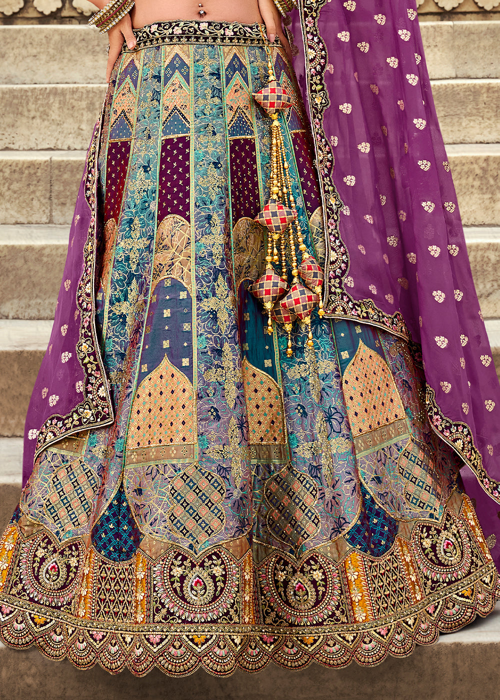 Purple & Blue Banarasi Silk Lehenga Choli with Zarkan, Sequins & Thread Work