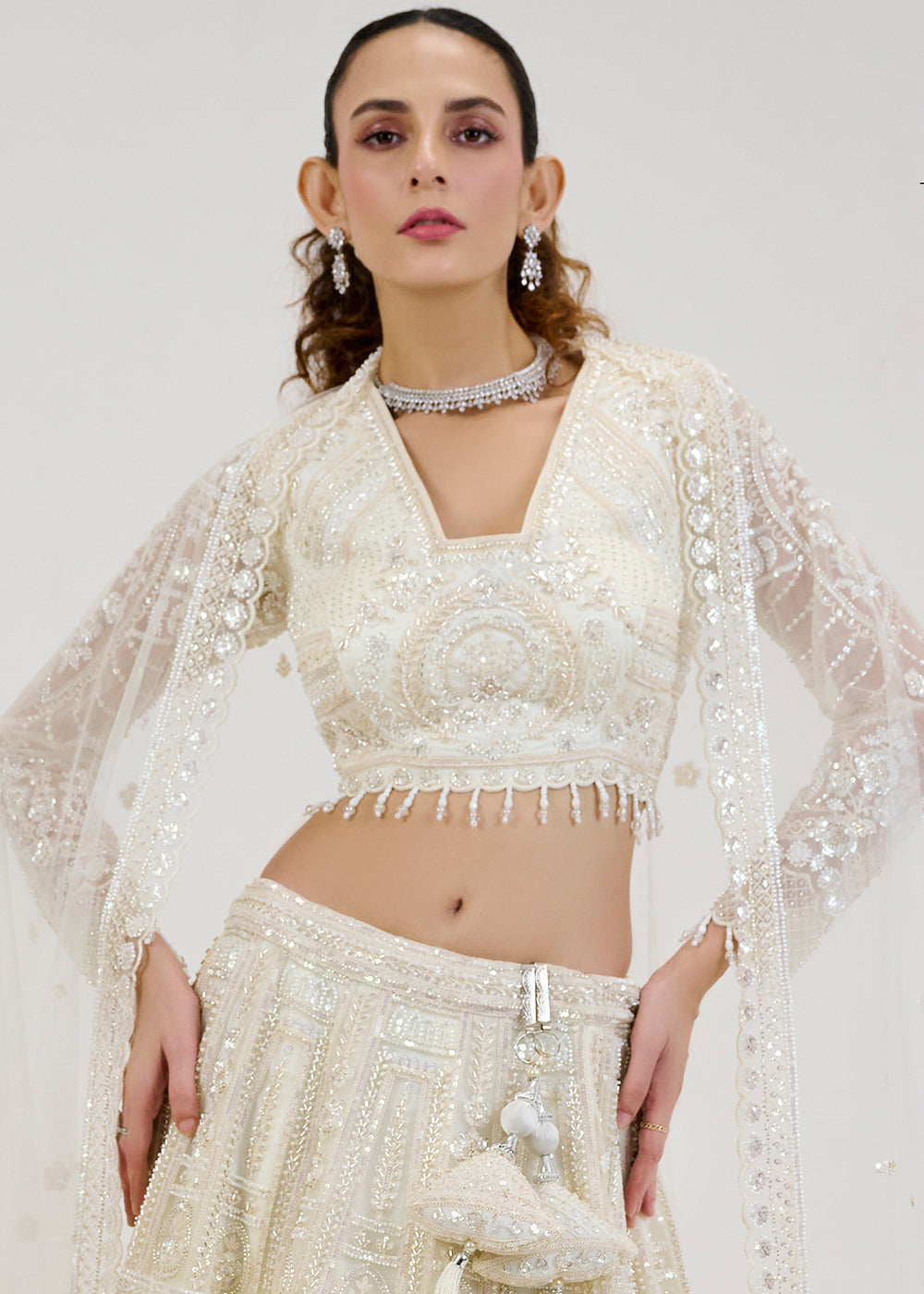 Rice White Net Lehenga Choli with Intricate Hand Embroidery work: Wedding Edition