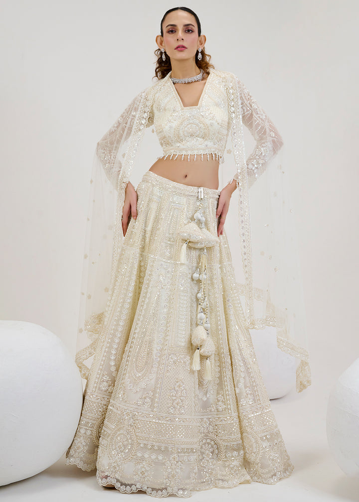 Rice White Net Lehenga Choli with Intricate Hand Embroidery work: Wedding Edition