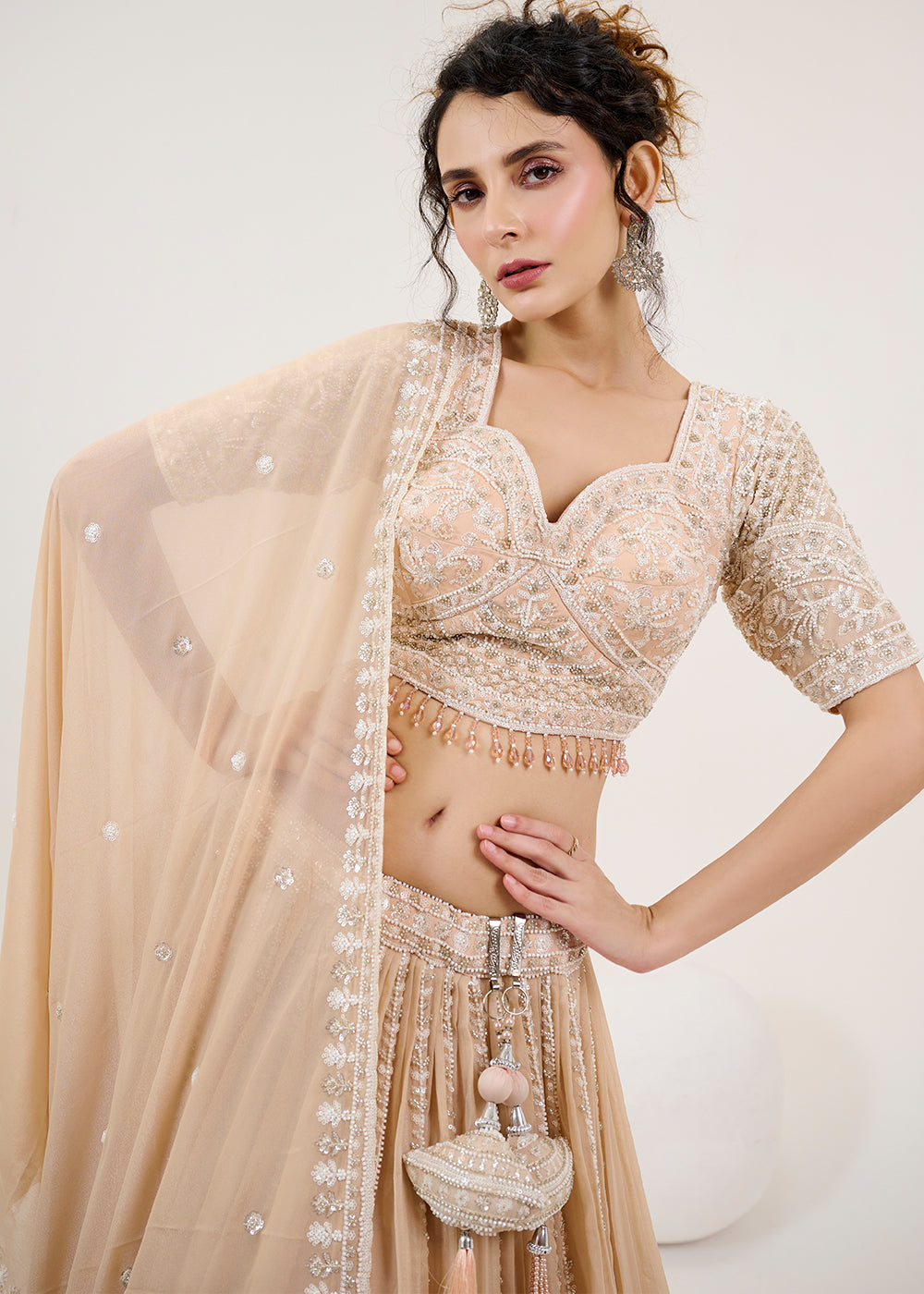 Sand Brown Georgette Lehenga Choli with Intricate Hand Embroidery Work: Wedding Edition