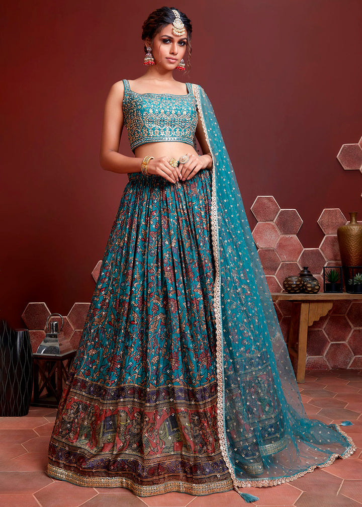 Shades Of Blue Digital Printed Chinon Silk Lehenga & Heavy Embroidery with Mirror work