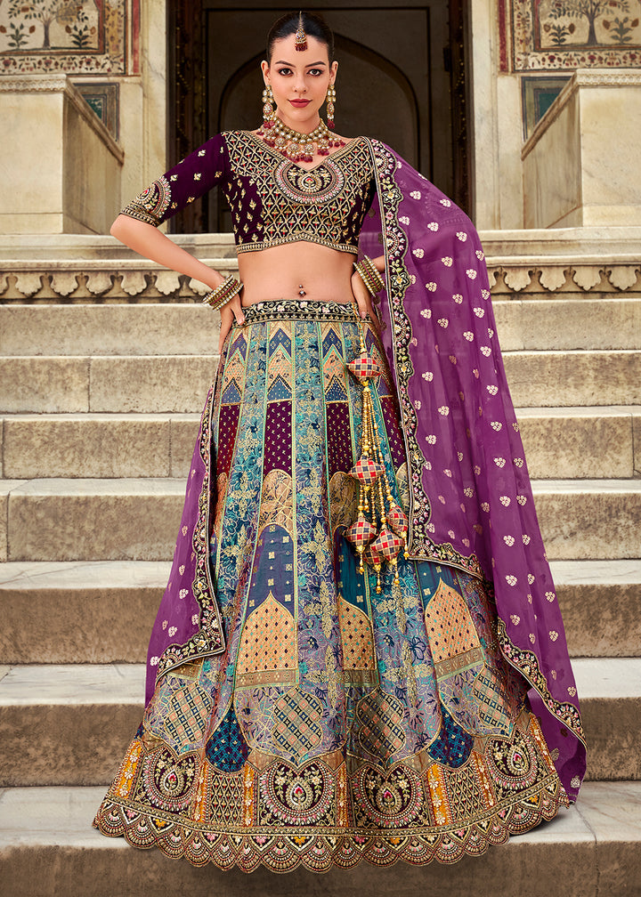 Purple & Blue Banarasi Silk Lehenga Choli with Zarkan, Sequins & Thread Work