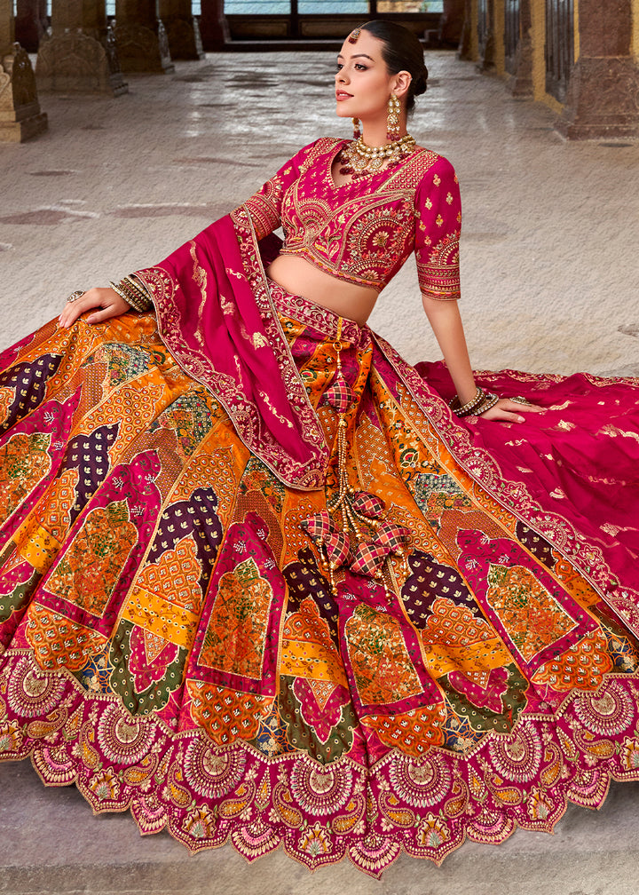 Pink & Yellow Banarasi Silk Lehenga Choli with Zarkan, Sequins & Thread Work