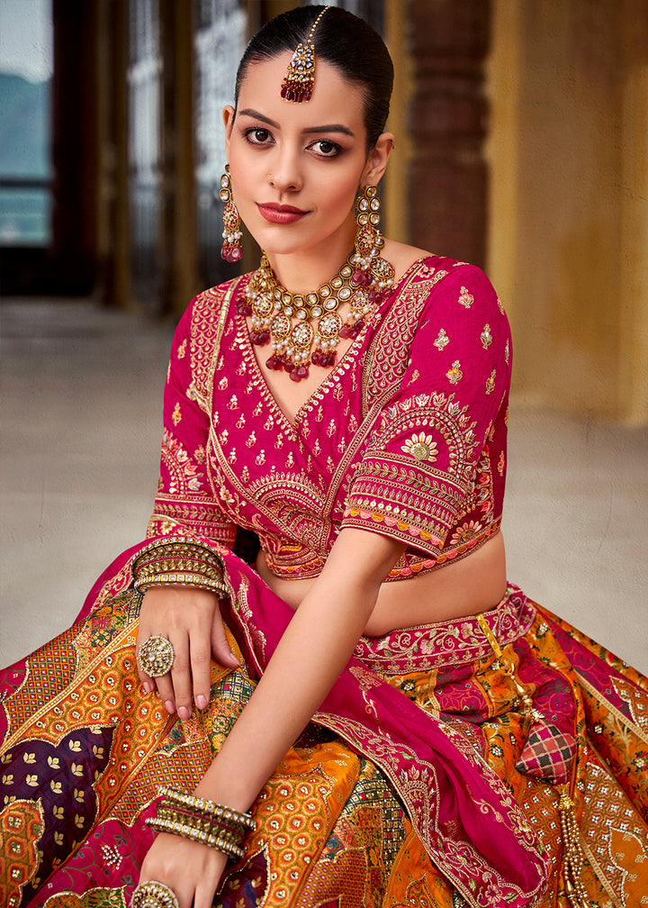 Pink & Yellow Banarasi Silk Lehenga Choli with Zarkan, Sequins & Thread Work