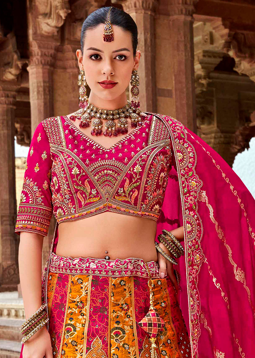 Pink & Yellow Banarasi Silk Lehenga Choli with Zarkan, Sequins & Thread Work