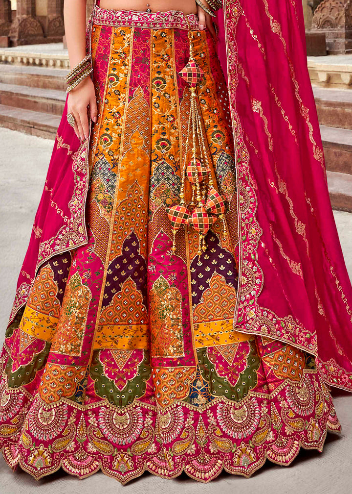 Pink & Yellow Banarasi Silk Lehenga Choli with Zarkan, Sequins & Thread Work