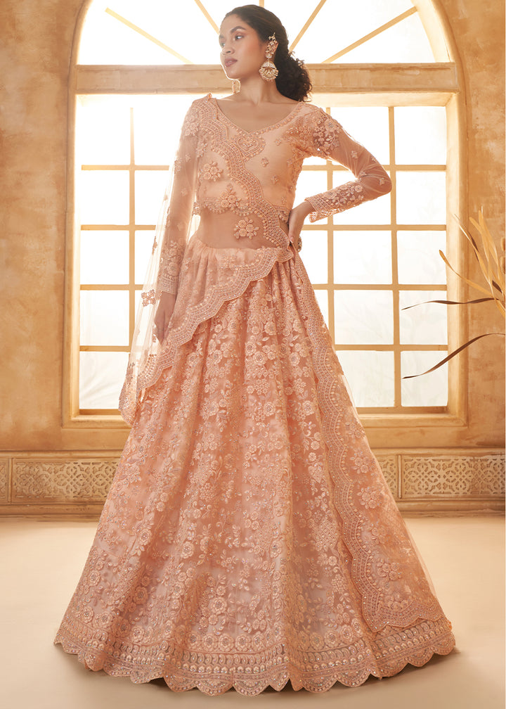 Peach Pink Embroidered Lehenga Choli with Stone Work and Cording Details