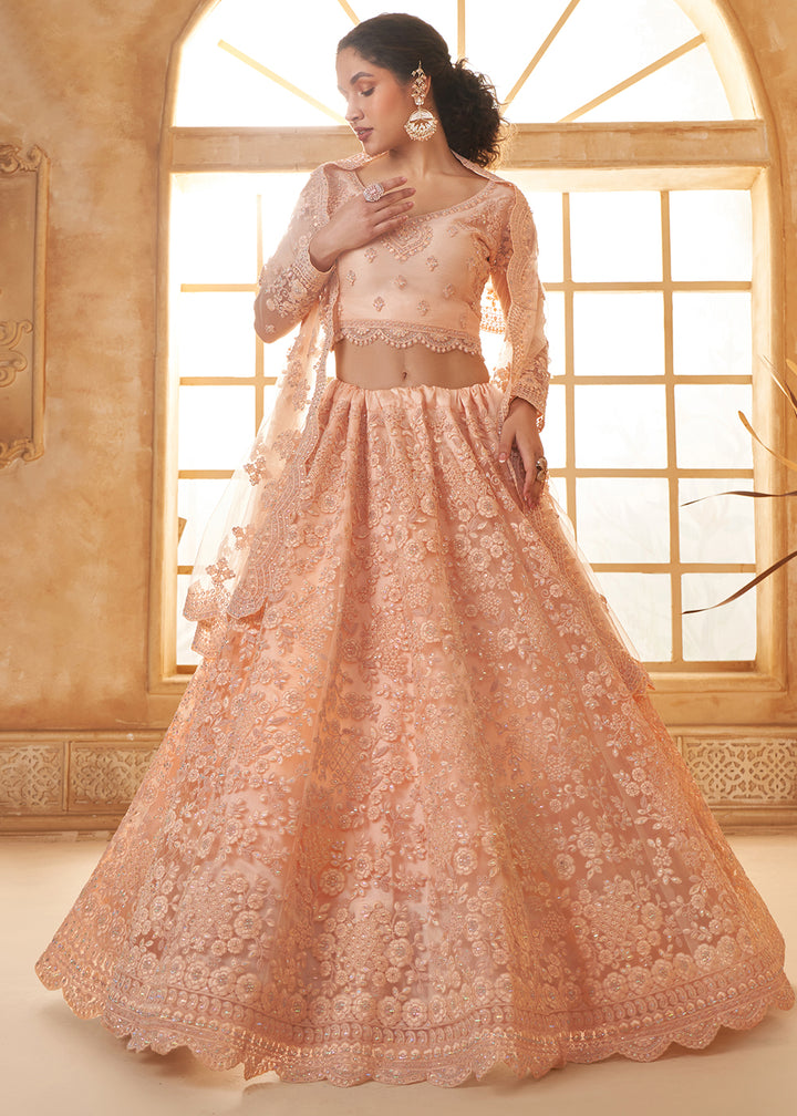 Peach Pink Embroidered Lehenga Choli with Stone Work and Cording Details