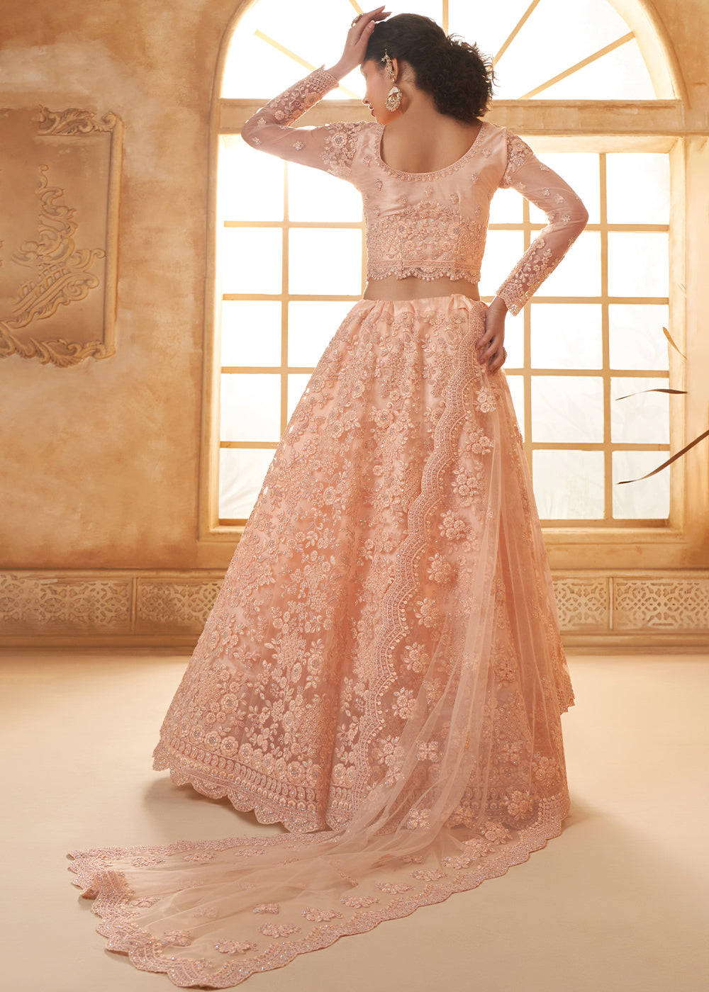 Peach Pink Embroidered Lehenga Choli with Stone Work and Cording Details