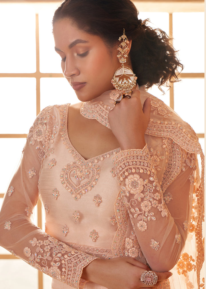 Peach Pink Embroidered Lehenga Choli with Stone Work and Cording Details