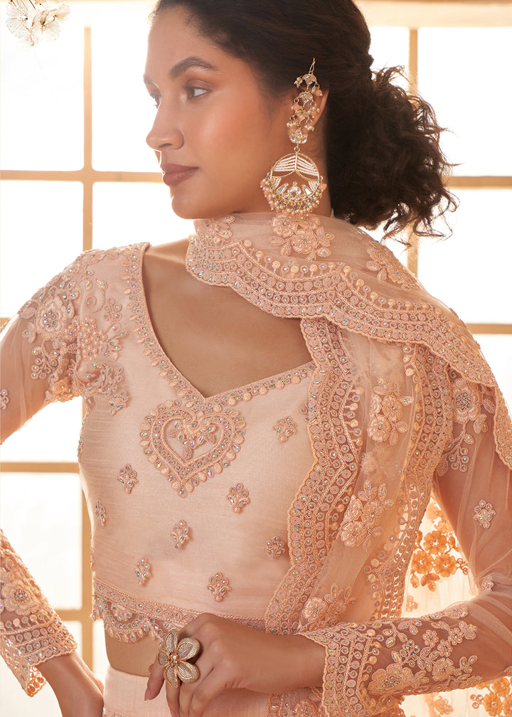 Peach Pink Embroidered Lehenga Choli with Stone Work and Cording Details