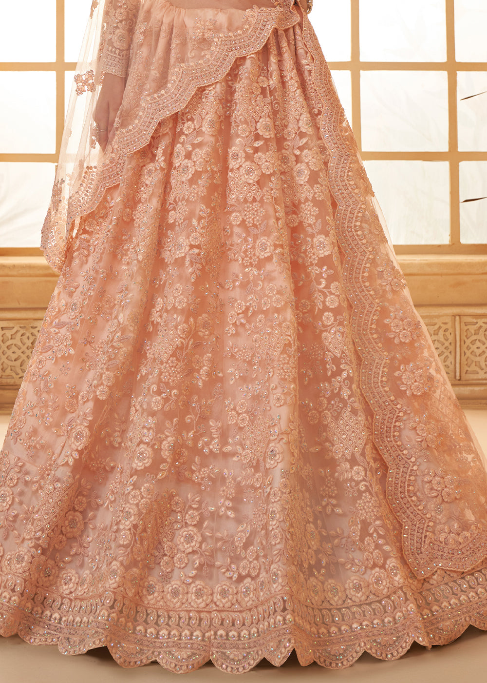 Peach Pink Embroidered Lehenga Choli with Stone Work and Cording Details