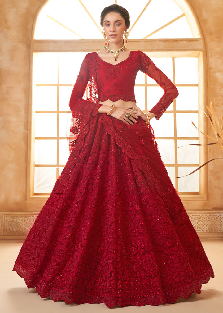 Scarlet Red Embroidered Lehenga Choli with Stone Work and Cording Details