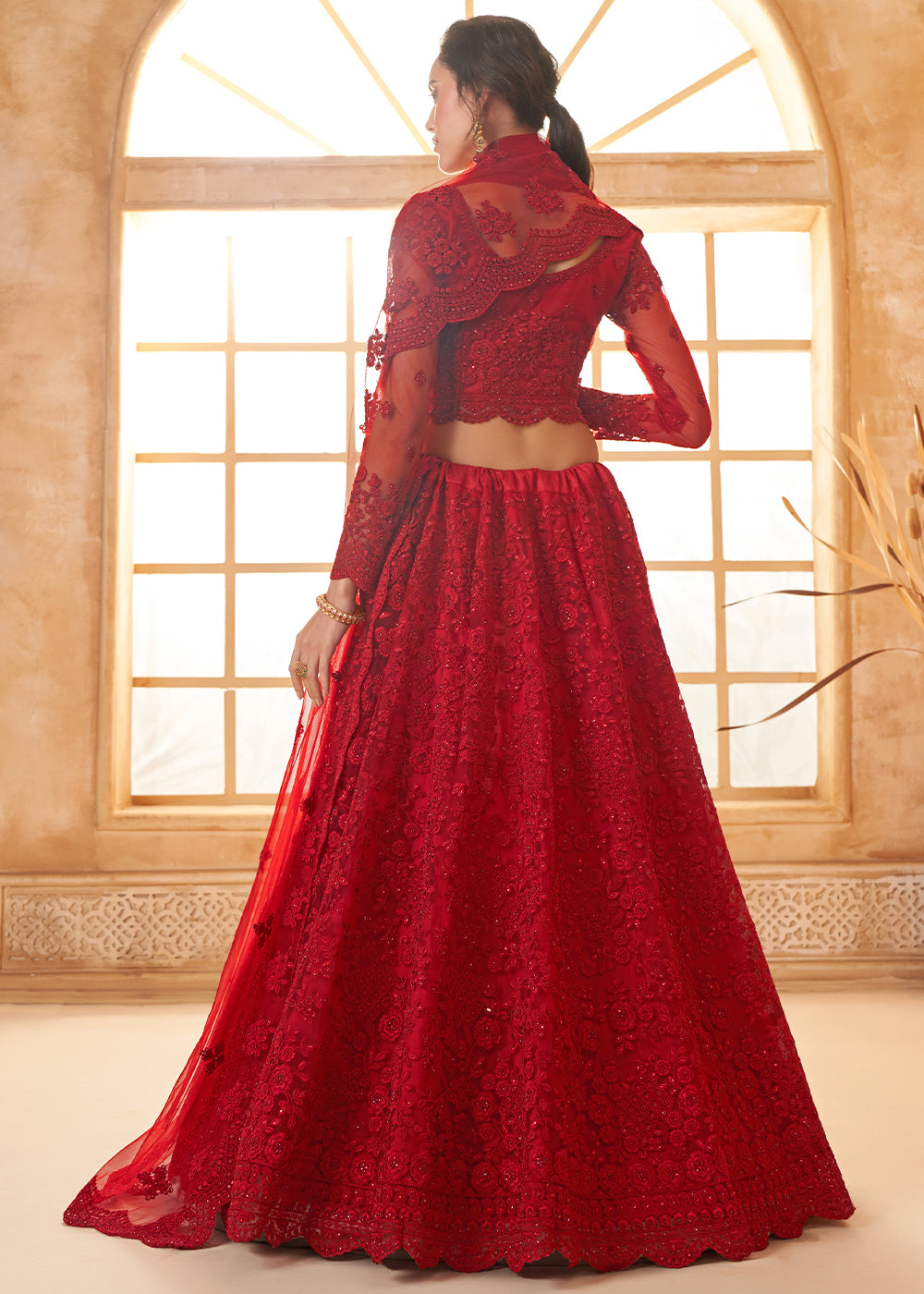 Scarlet Red Embroidered Lehenga Choli with Stone Work and Cording Details